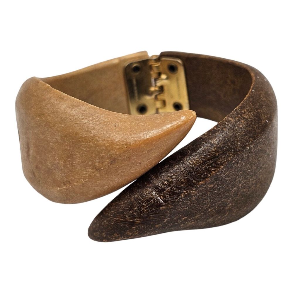 Vintage Two Tone Faux Wood Clamper Bracelet Hinged Chunky Bangle MCM‎ Hong Kong